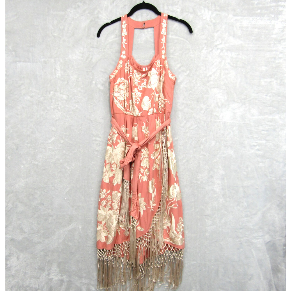 Anthropologie Lucille Sleeveless Dress Womens 6 Pink Fringe Boho Embroidered